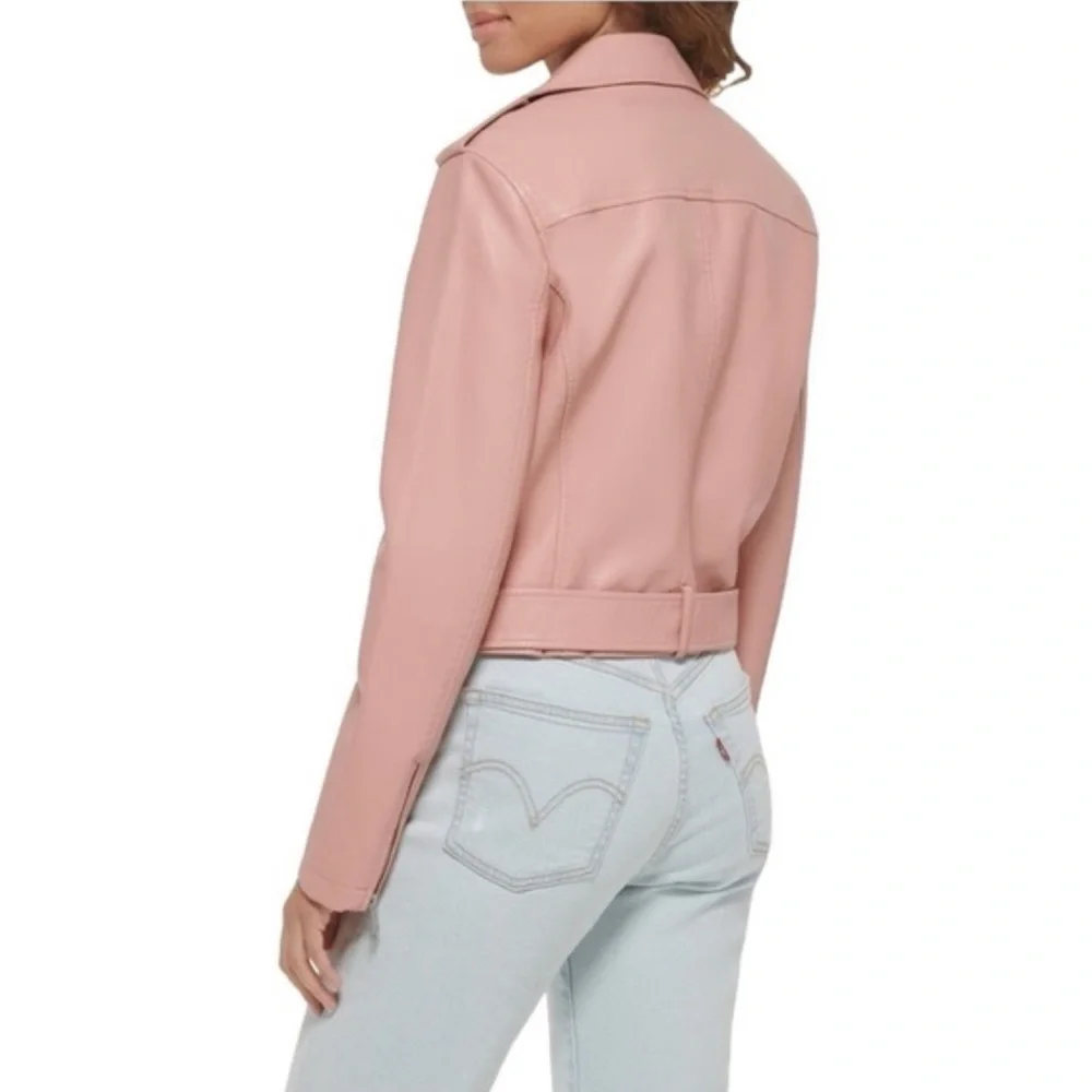 Levi's Faux Leather Fashion Belted Moto Jacket Cameo Pink- M - Picture 2 of 10